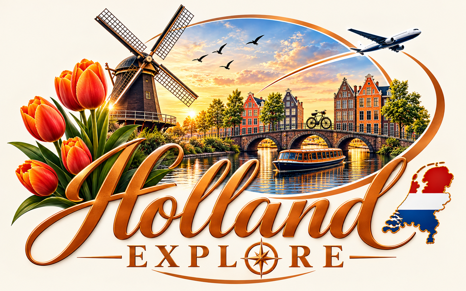 Holland Explore emblem with tulips, windmill, Amsterdam canal and golden Holland lettering